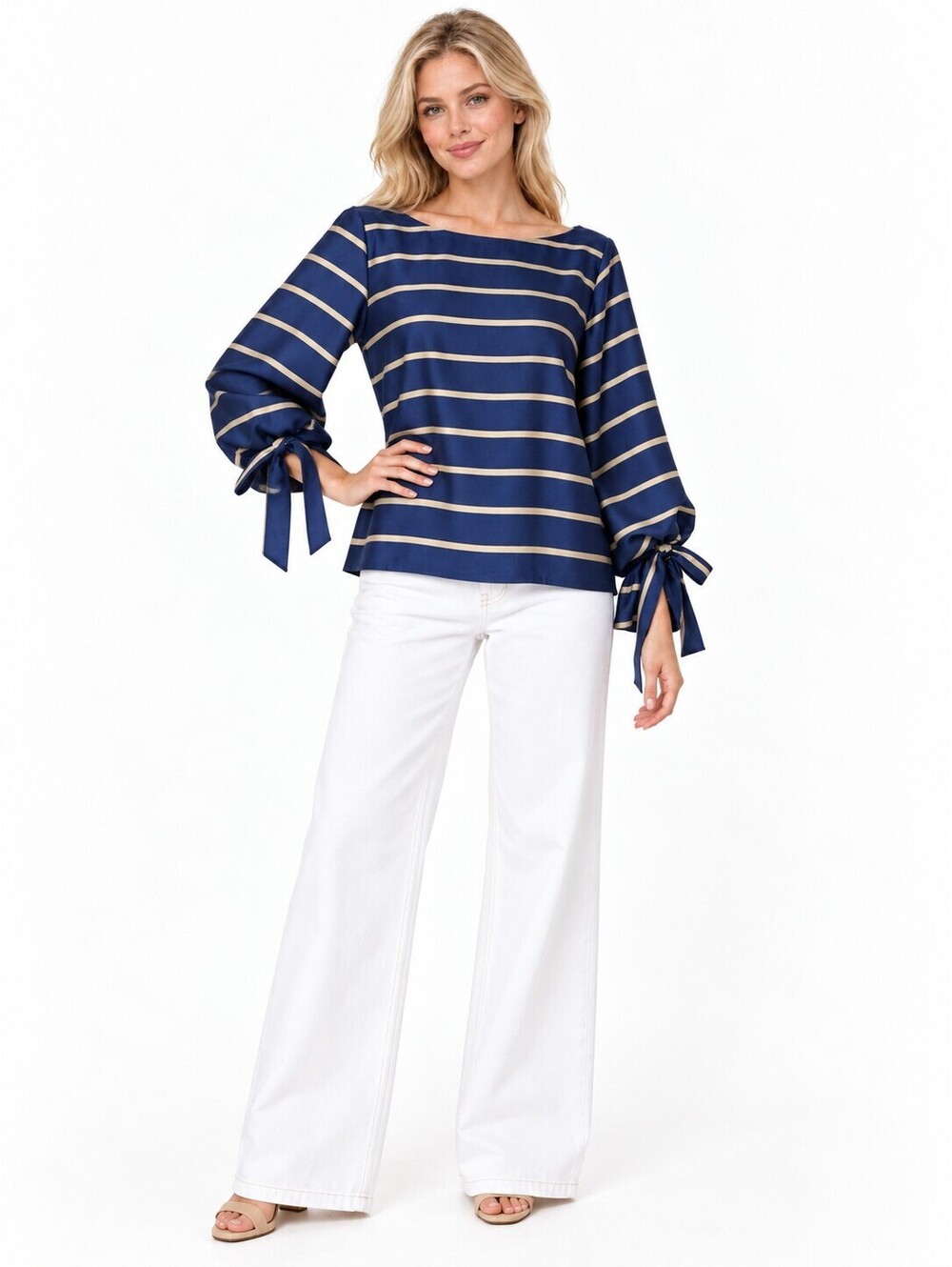 Banana Republic Blouse Small Navy Gold Stripe Boat Neck Bow Tie Cuff Top